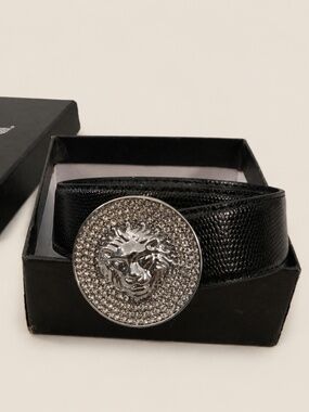 Barabas Men’s Black Leather Lion Rhinestone Belt SIZE 50/125 Fits 40 NIB